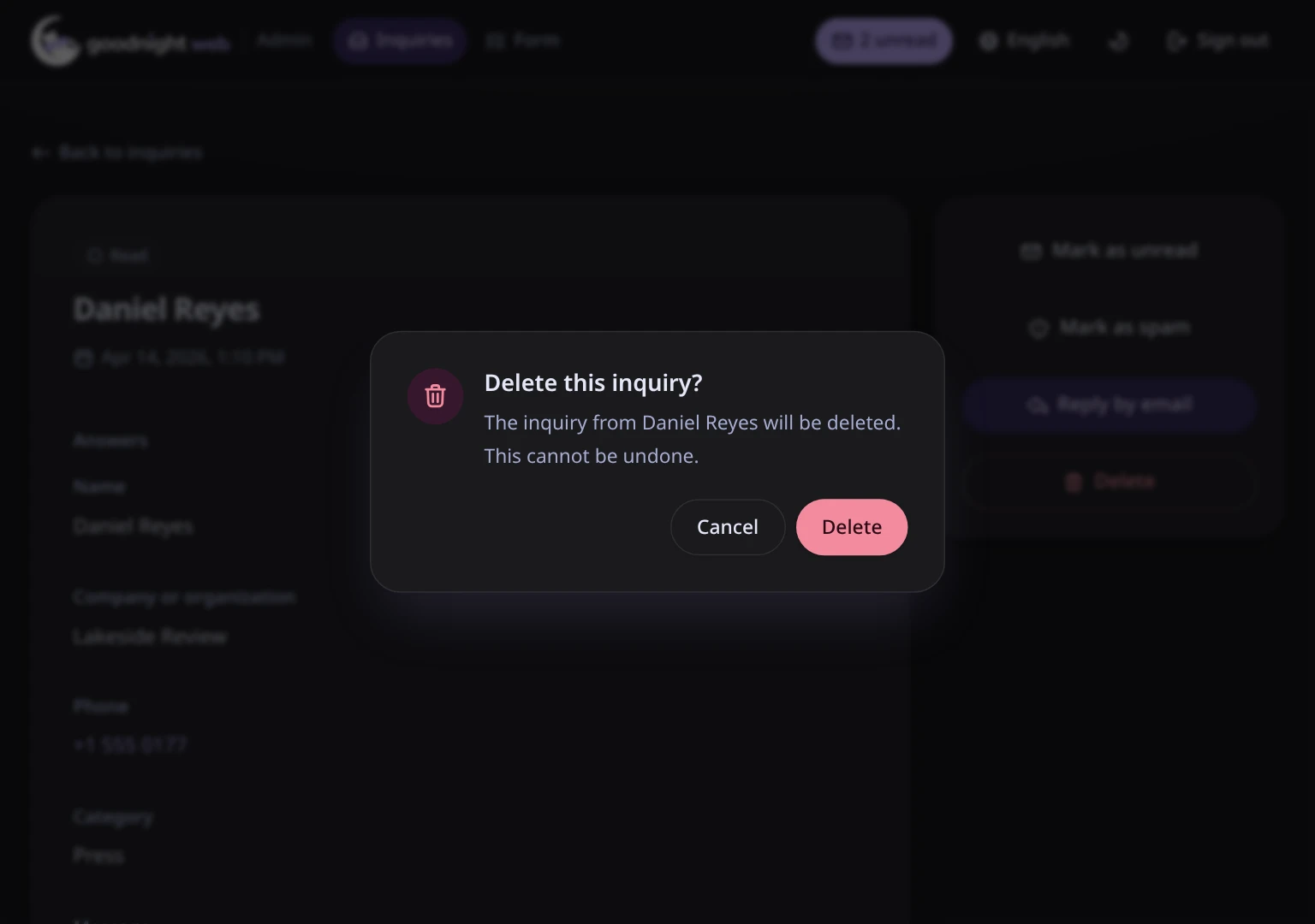 The Delete this inquiry? dialog with Cancel and Delete buttons.