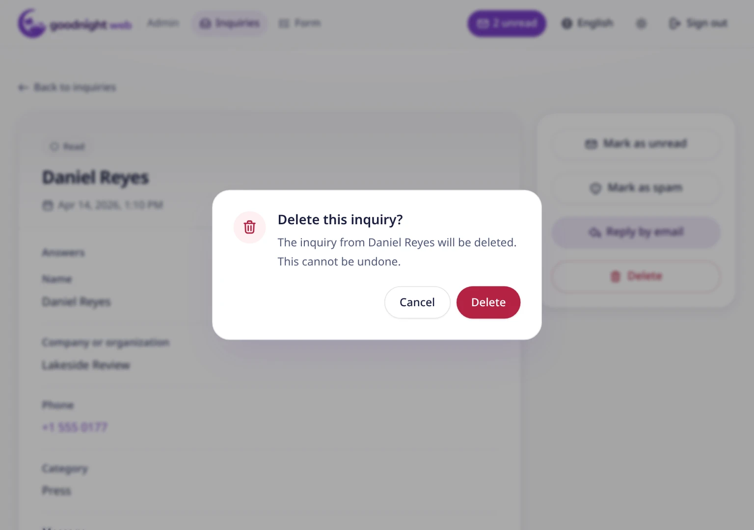 The Delete this inquiry? dialog with Cancel and Delete buttons.