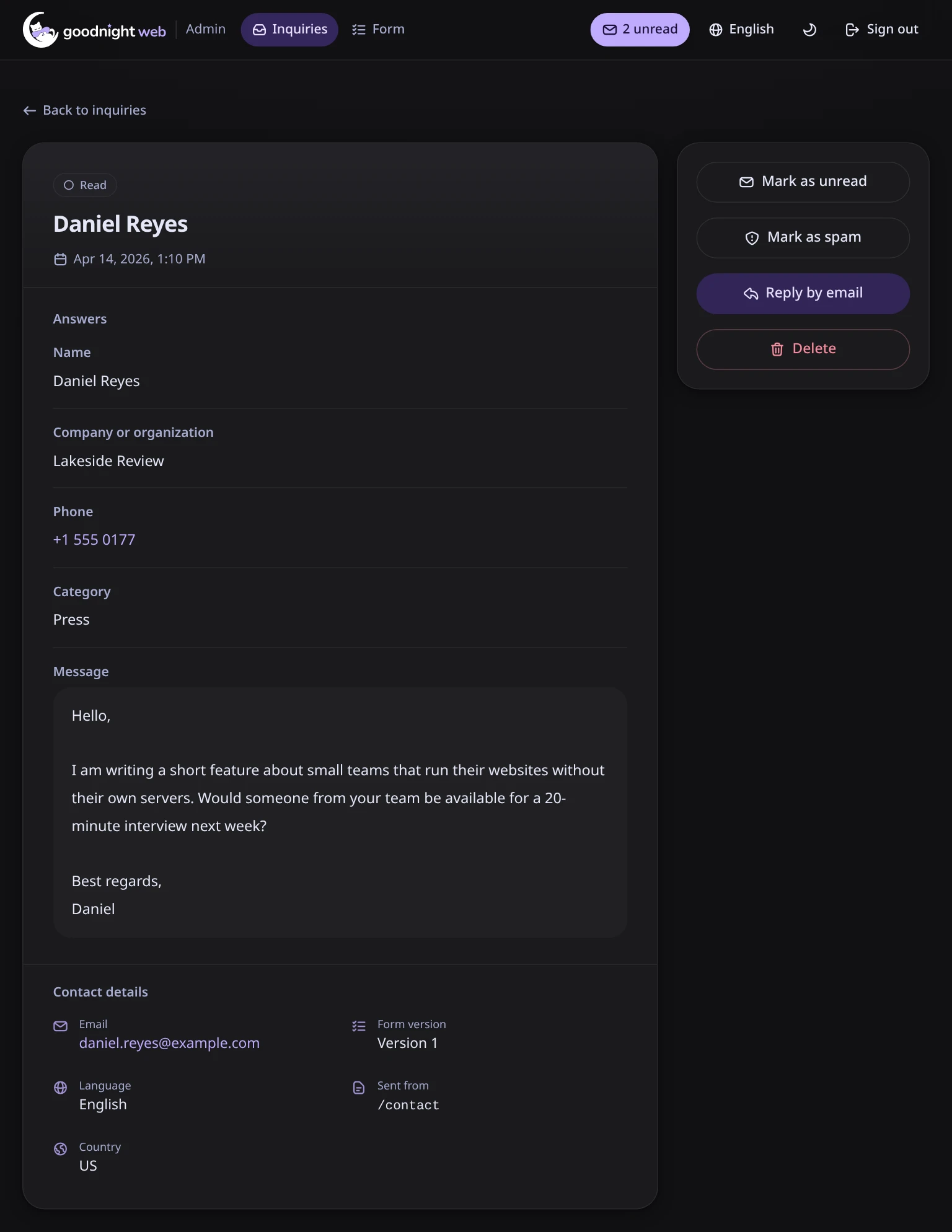 Inquiry detail in the admin panel
