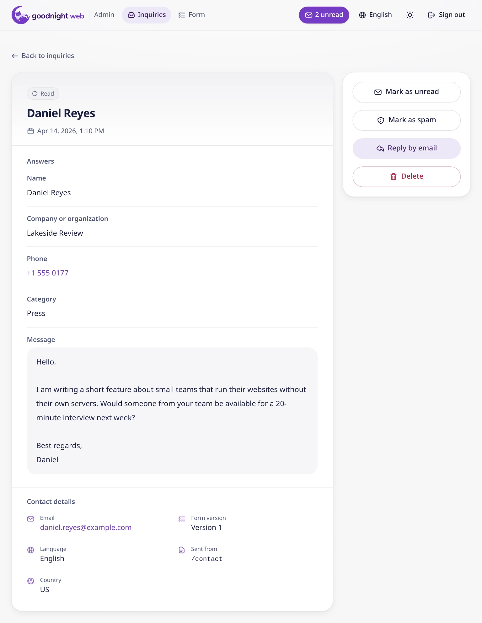 Inquiry detail in the admin panel