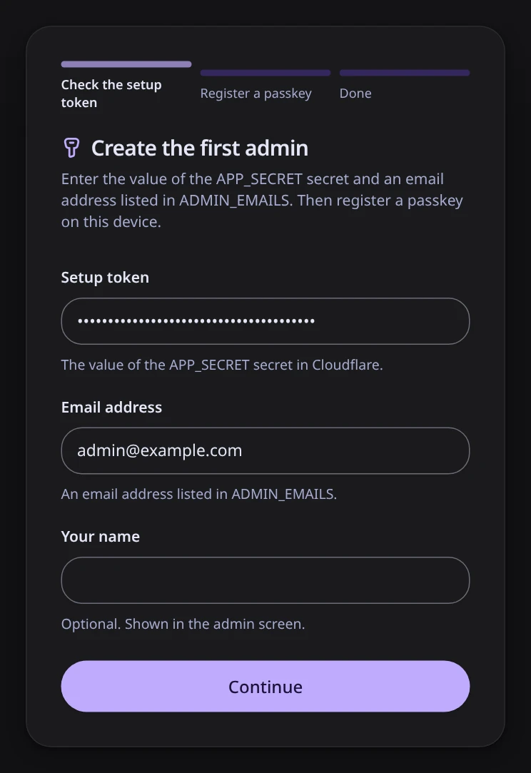 The first-admin setup screen with the setup token and an email address filled in.