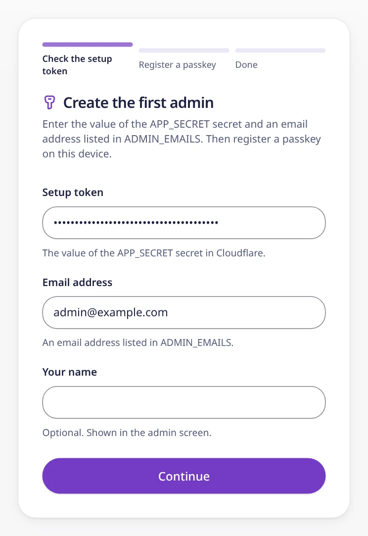 The first-admin setup screen with the setup token and an email address filled in.