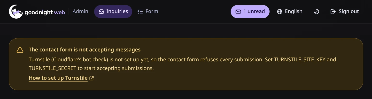 The admin notice: The contact form is not accepting messages, with a link to the Turnstile setup page.