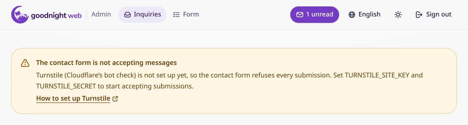 The admin notice: The contact form is not accepting messages, with a link to the Turnstile setup page.